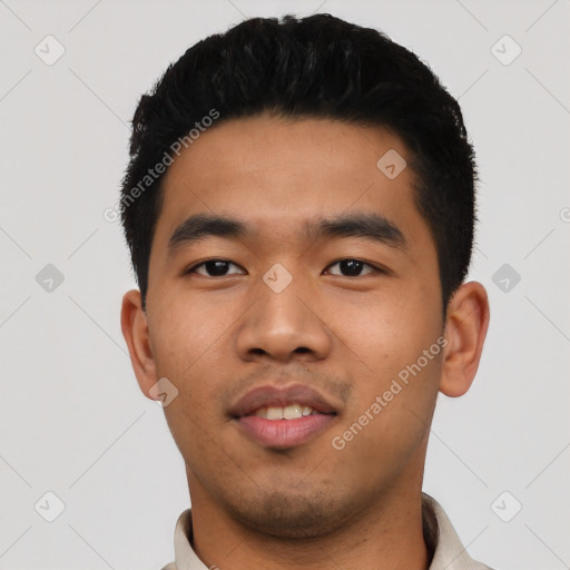 Neutral asian young-adult male with short  black hair and brown eyes