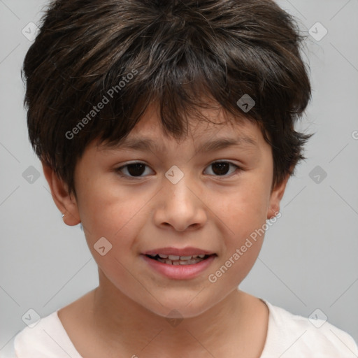 Joyful white child female with short  brown hair and brown eyes