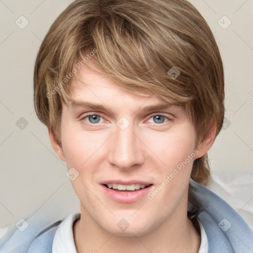 Joyful white young-adult female with medium  brown hair and blue eyes