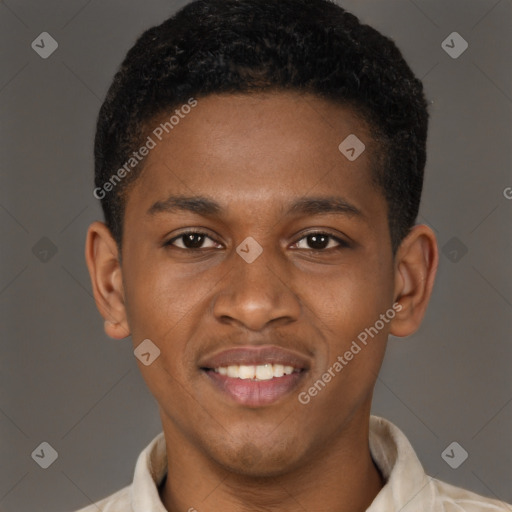Joyful latino young-adult male with short  brown hair and brown eyes