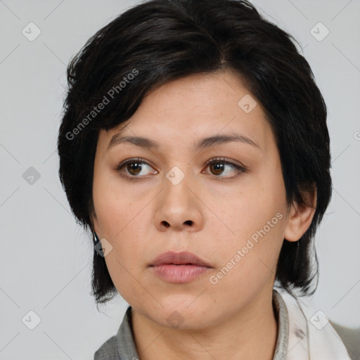 Neutral asian young-adult female with medium  black hair and brown eyes