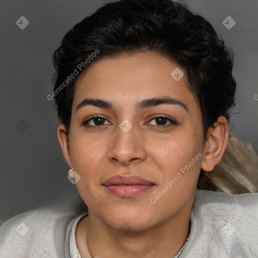 Joyful latino young-adult female with short  brown hair and brown eyes