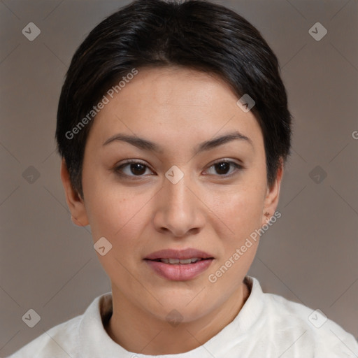 Joyful asian young-adult female with short  brown hair and brown eyes