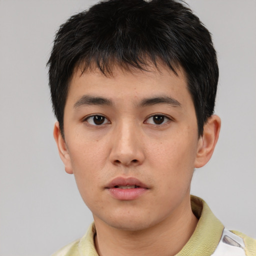 Neutral asian young-adult male with short  black hair and brown eyes