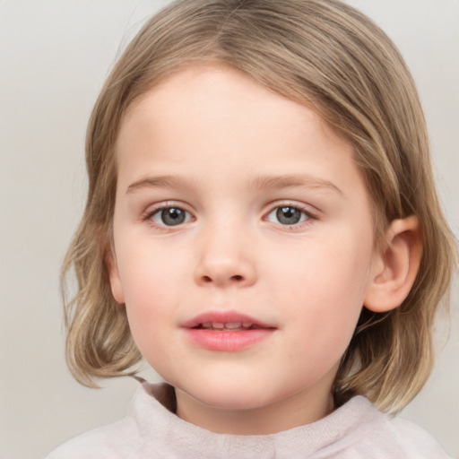 Neutral white child female with medium  brown hair and grey eyes