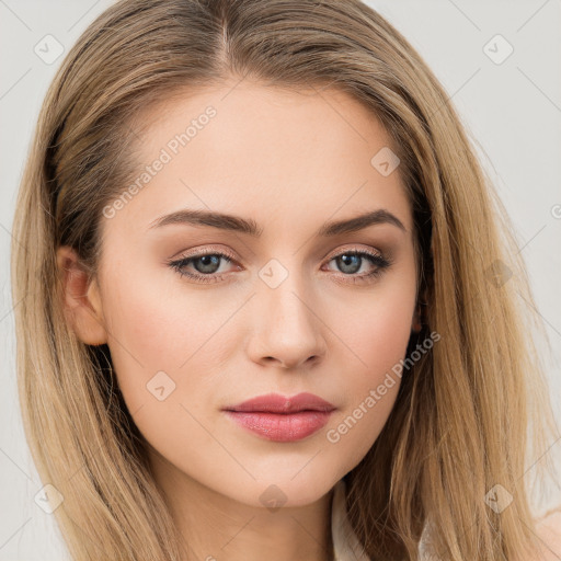 Neutral white young-adult female with long  brown hair and brown eyes