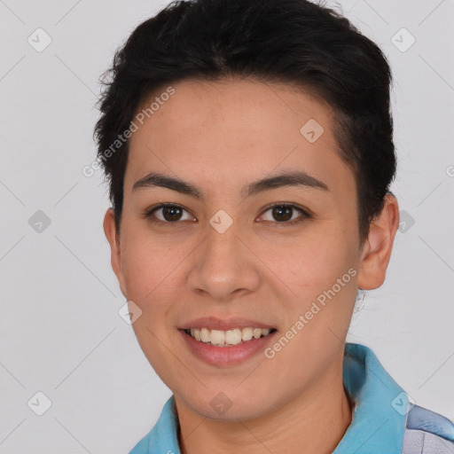 Joyful latino young-adult female with short  brown hair and brown eyes