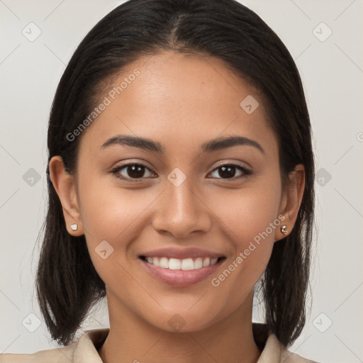 Joyful white young-adult female with long  brown hair and brown eyes