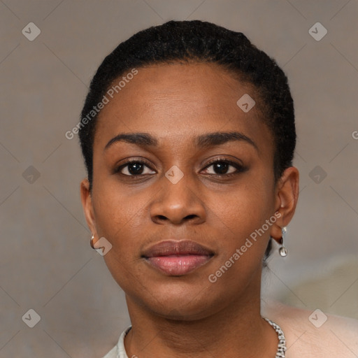 Neutral black young-adult female with short  black hair and brown eyes