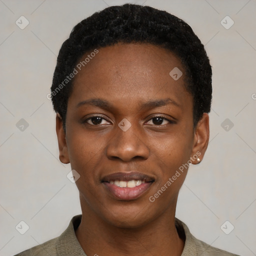 Joyful black young-adult female with short  black hair and brown eyes