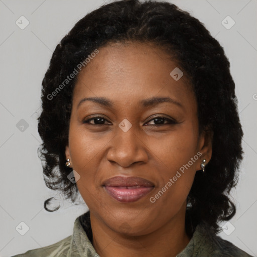 Joyful black adult female with medium  brown hair and brown eyes