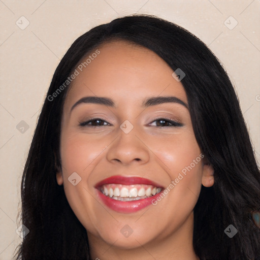 Joyful white young-adult female with long  black hair and brown eyes