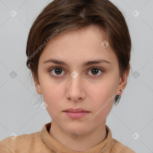 Neutral white young-adult female with short  brown hair and brown eyes