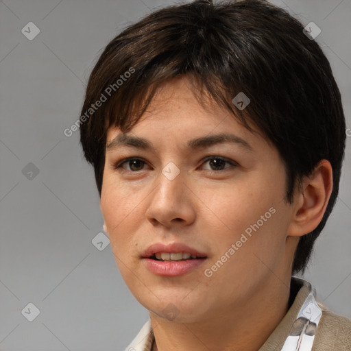 Joyful white young-adult female with short  brown hair and brown eyes