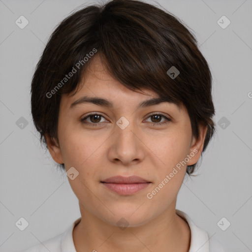 Joyful white young-adult female with medium  brown hair and brown eyes