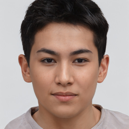 Neutral asian young-adult male with short  brown hair and brown eyes