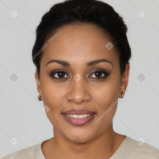 Joyful latino young-adult female with short  black hair and brown eyes