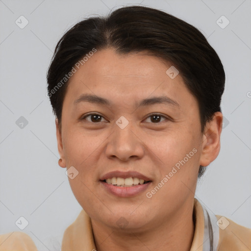 Joyful white adult female with short  brown hair and brown eyes