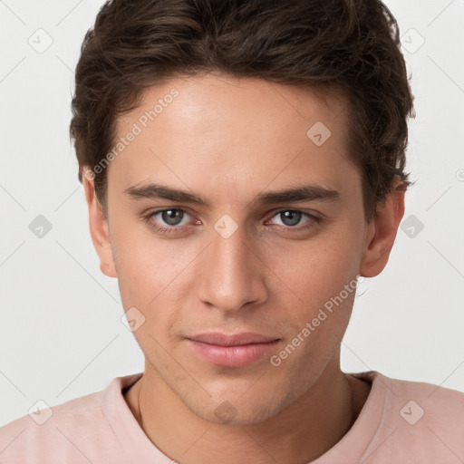 Neutral white young-adult male with short  brown hair and brown eyes