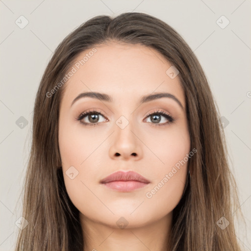 Neutral white young-adult female with long  brown hair and brown eyes