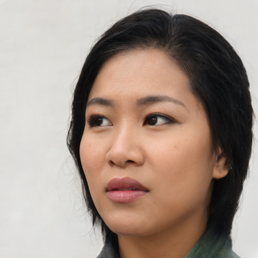 Neutral asian young-adult female with long  black hair and brown eyes