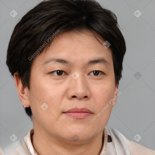 Joyful asian adult female with short  brown hair and brown eyes