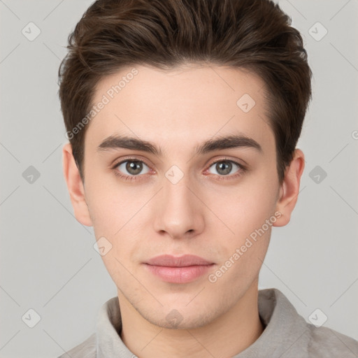 Neutral white young-adult male with short  brown hair and brown eyes