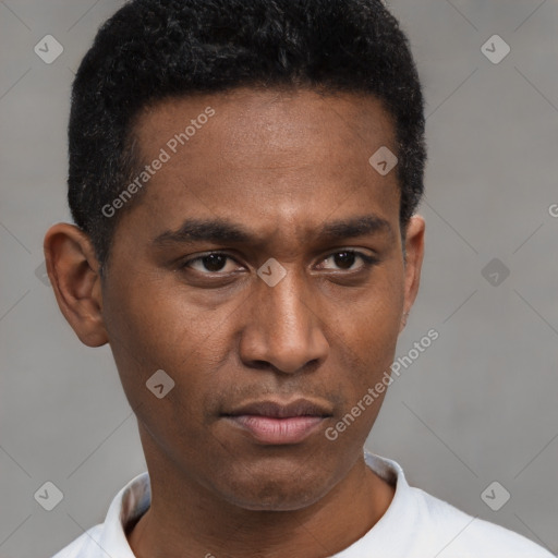 Neutral latino young-adult male with short  black hair and brown eyes