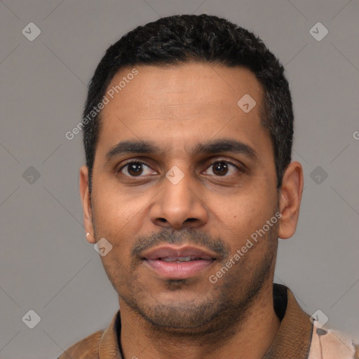 Neutral latino young-adult male with short  black hair and brown eyes