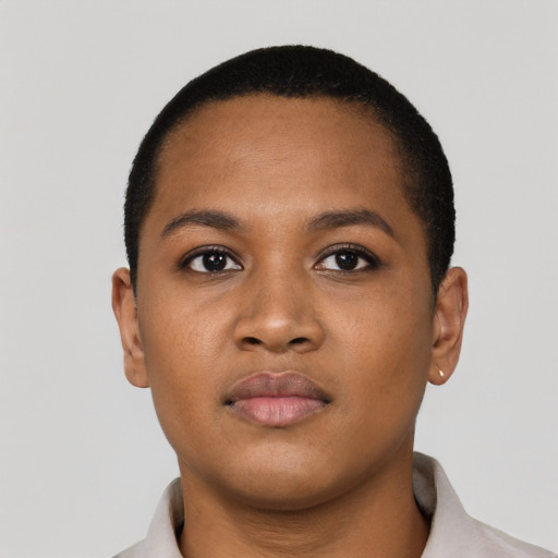 Neutral black young-adult female with short  brown hair and brown eyes
