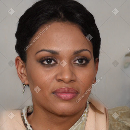 Joyful latino young-adult female with short  brown hair and brown eyes