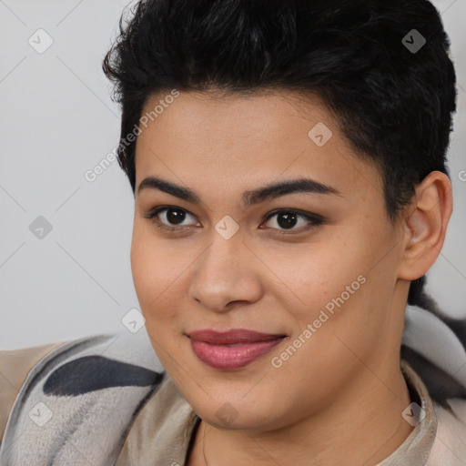 Joyful asian young-adult female with short  brown hair and brown eyes