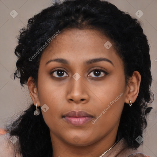 Neutral latino young-adult female with long  black hair and brown eyes