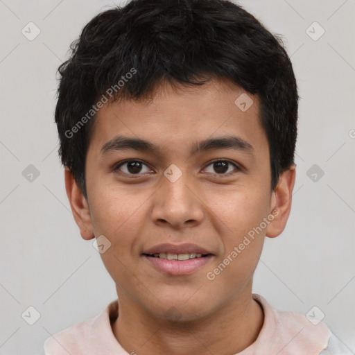 Joyful latino young-adult male with short  brown hair and brown eyes