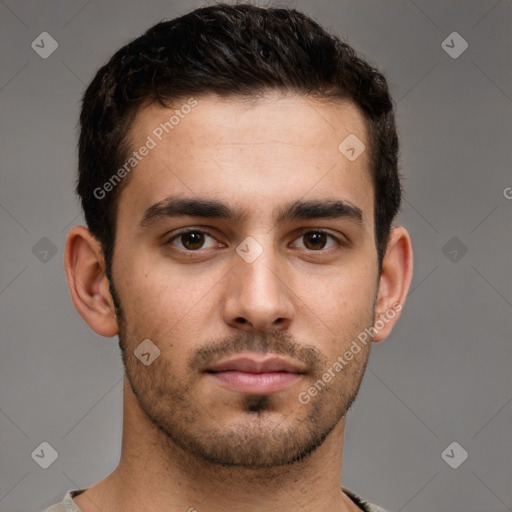 Neutral white young-adult male with short  brown hair and brown eyes