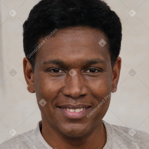 Joyful black young-adult male with short  black hair and brown eyes