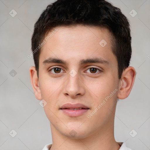 Neutral white young-adult male with short  brown hair and brown eyes