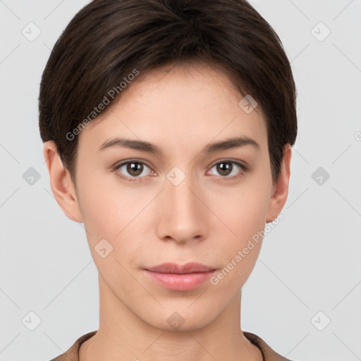 Neutral white young-adult female with short  brown hair and brown eyes