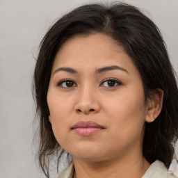 Neutral asian young-adult female with medium  brown hair and brown eyes