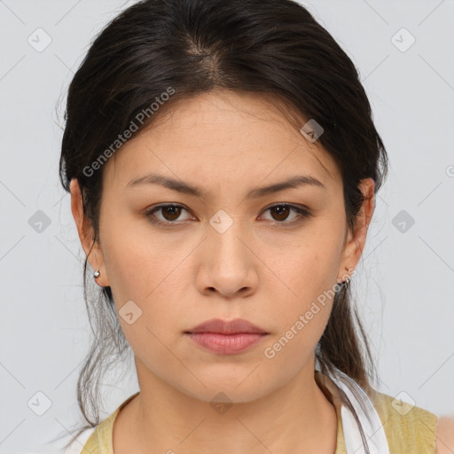 Neutral asian young-adult female with medium  brown hair and brown eyes