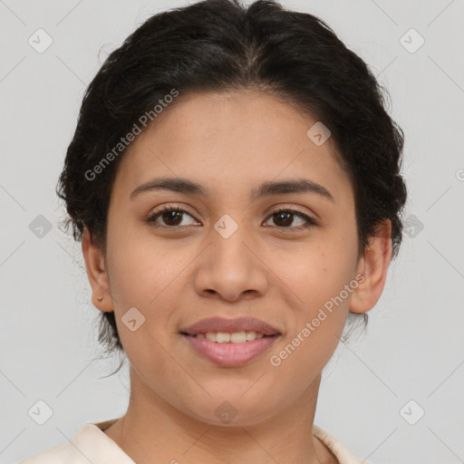 Joyful latino young-adult female with short  brown hair and brown eyes