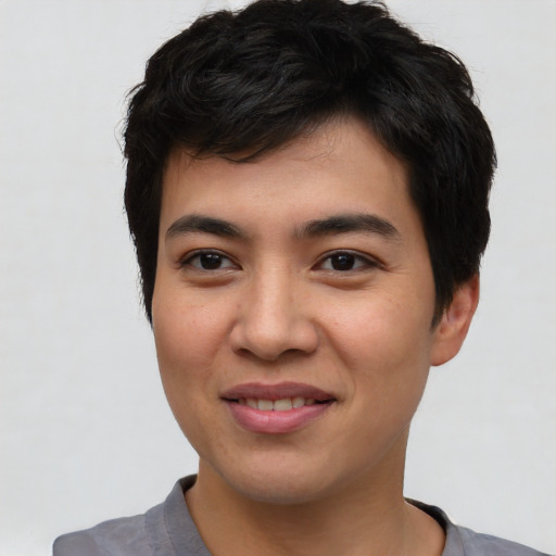 Joyful asian young-adult male with short  black hair and brown eyes