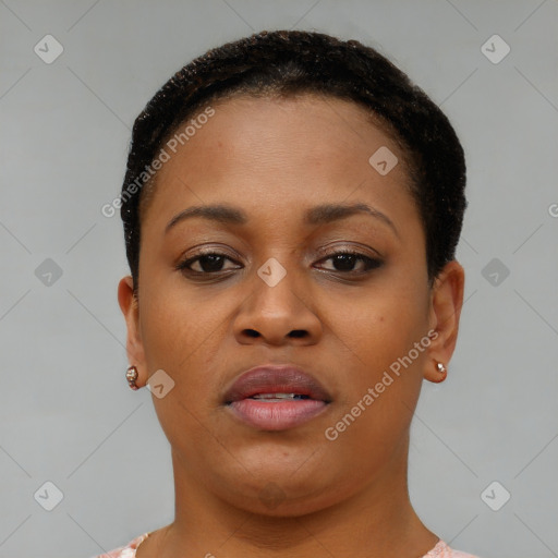 Joyful black young-adult female with short  brown hair and brown eyes