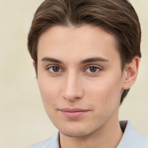 Neutral white young-adult male with short  brown hair and brown eyes