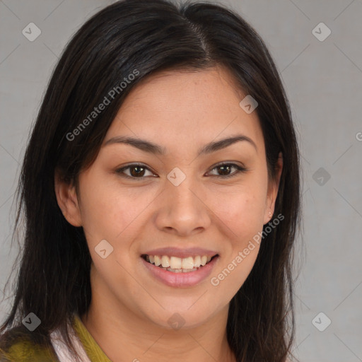 Joyful white young-adult female with long  brown hair and brown eyes