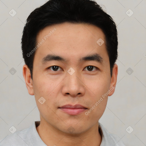 Neutral asian young-adult male with short  black hair and brown eyes