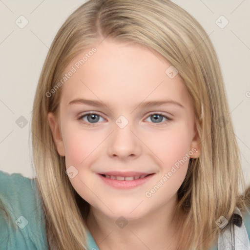 Joyful white child female with medium  brown hair and blue eyes