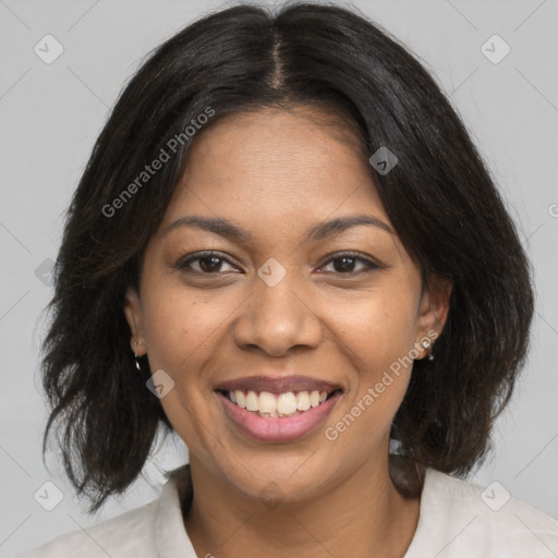 Joyful black young-adult female with medium  brown hair and brown eyes