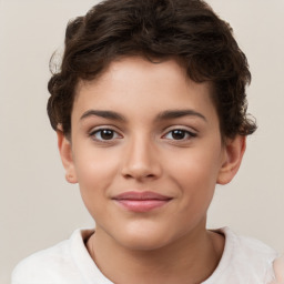 Joyful white child female with short  brown hair and brown eyes