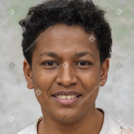 Joyful black young-adult female with short  brown hair and brown eyes